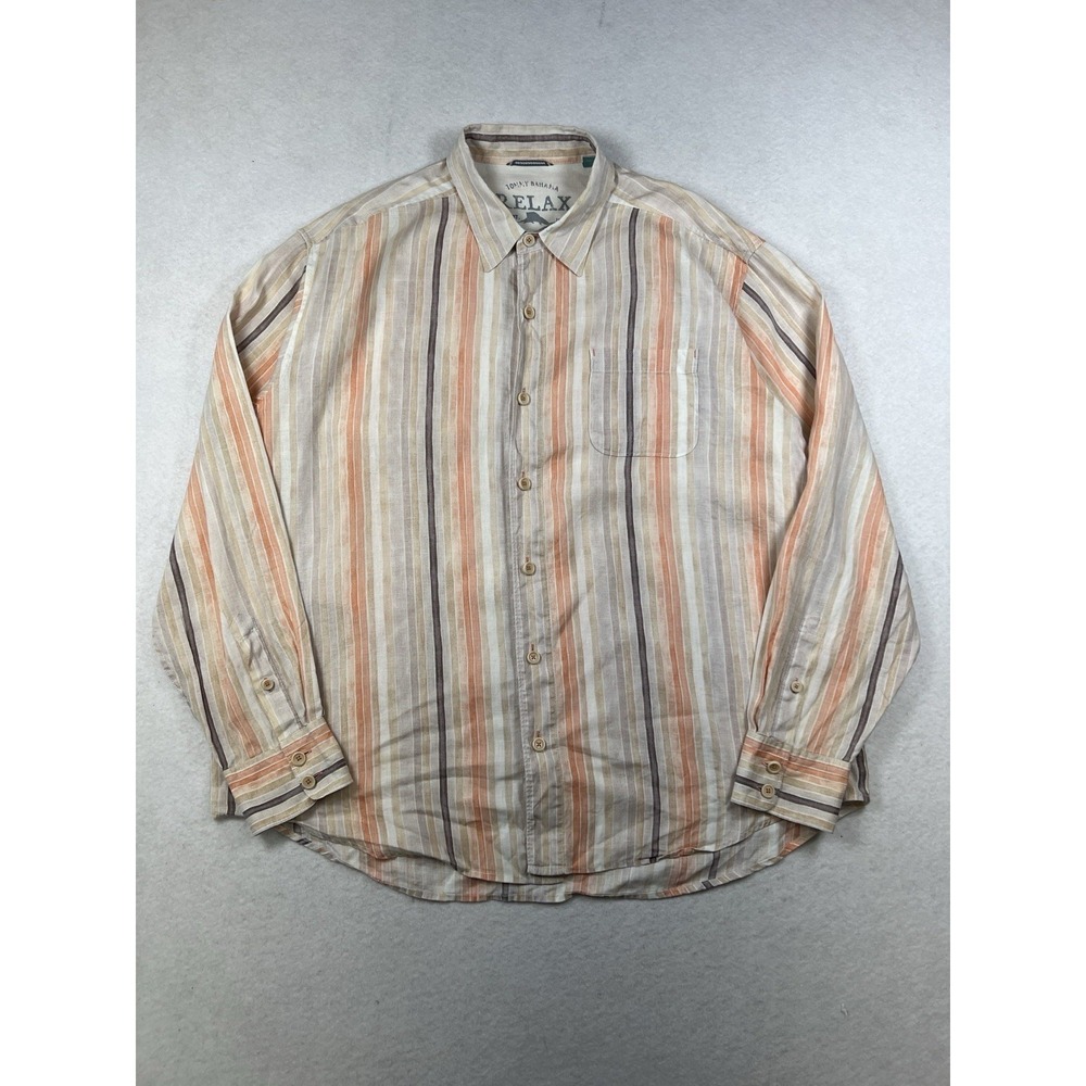 Tommy Bahamas Shirt Men Extra Large Linen Orange Casual Button Up‎ Striped XL